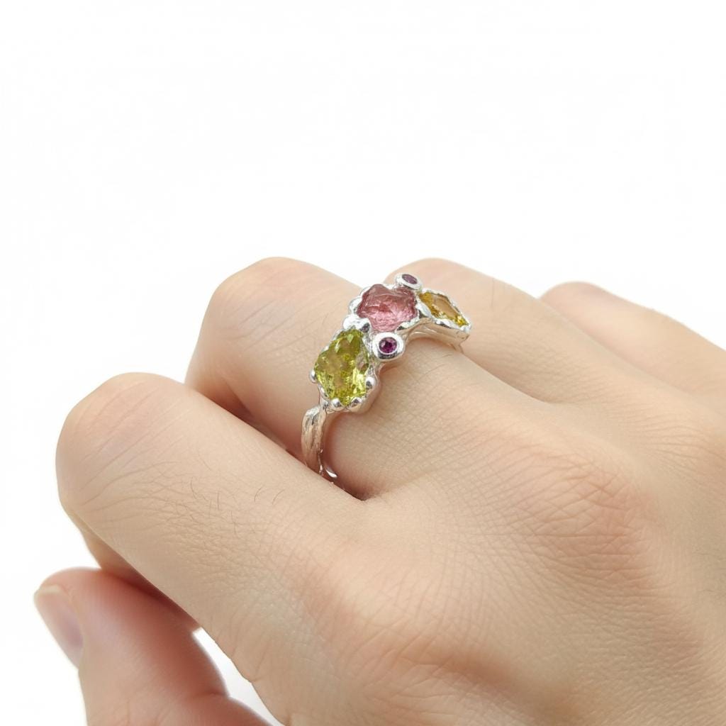 925 Sterling Silver Pink Ruby Ring, worn on hand