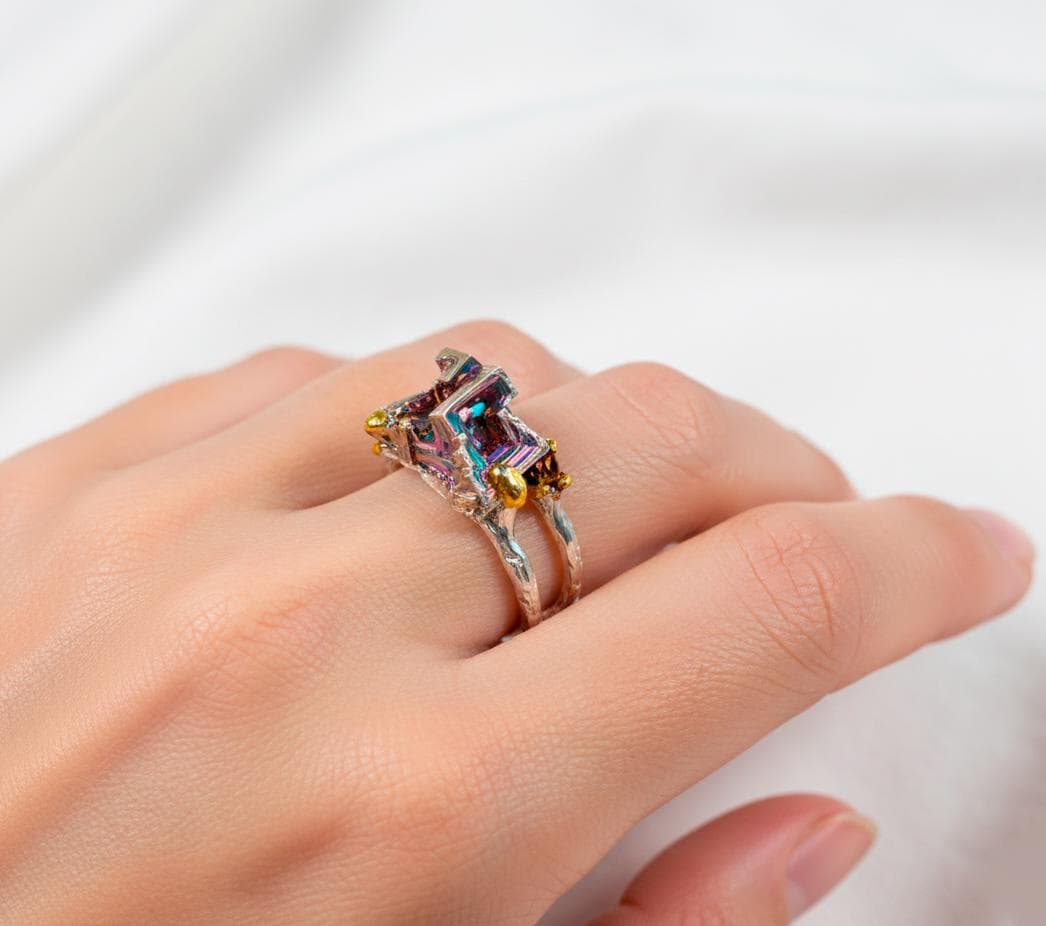 925 Sterling Silver Bismuth Ring, worn on hand