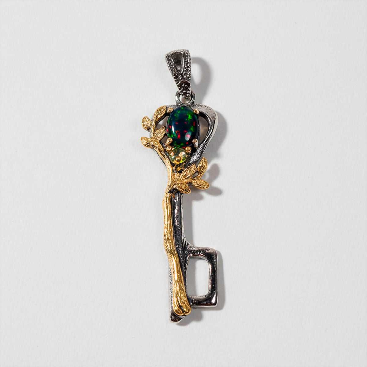 925 Sterling Silver Rainbow Opal Key Necklace, alternate angle