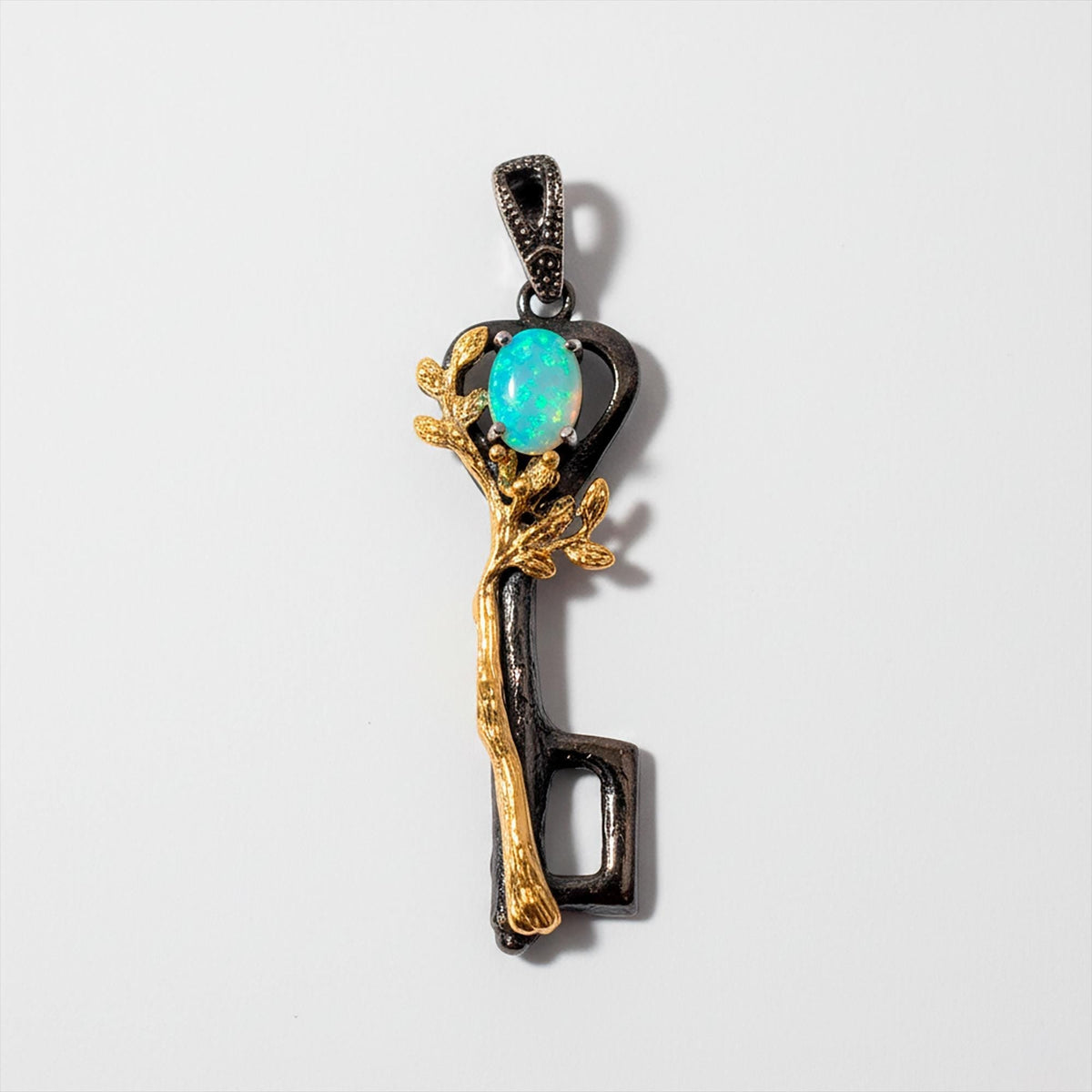 925 Sterling Silver Rainbow Opal Key Necklace, close-up detail