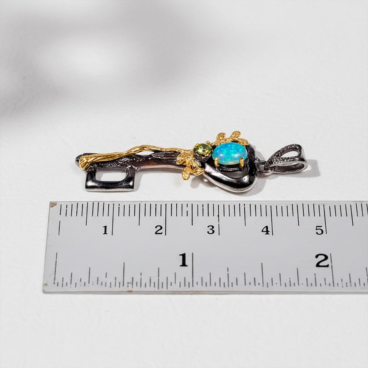 925 Sterling Silver Rainbow Opal Key Necklace, pendant detail