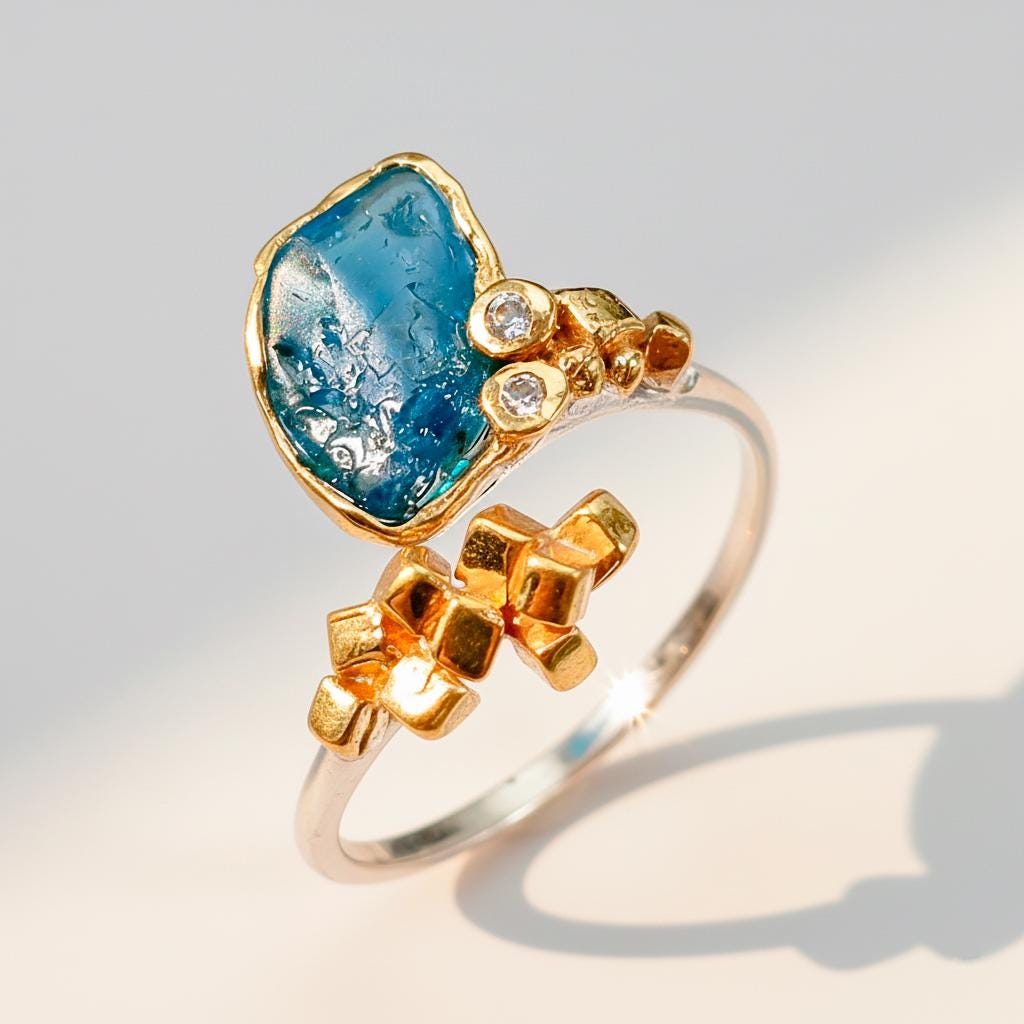 925 Sterling Silver Blue Apatite Ring, worn on hand