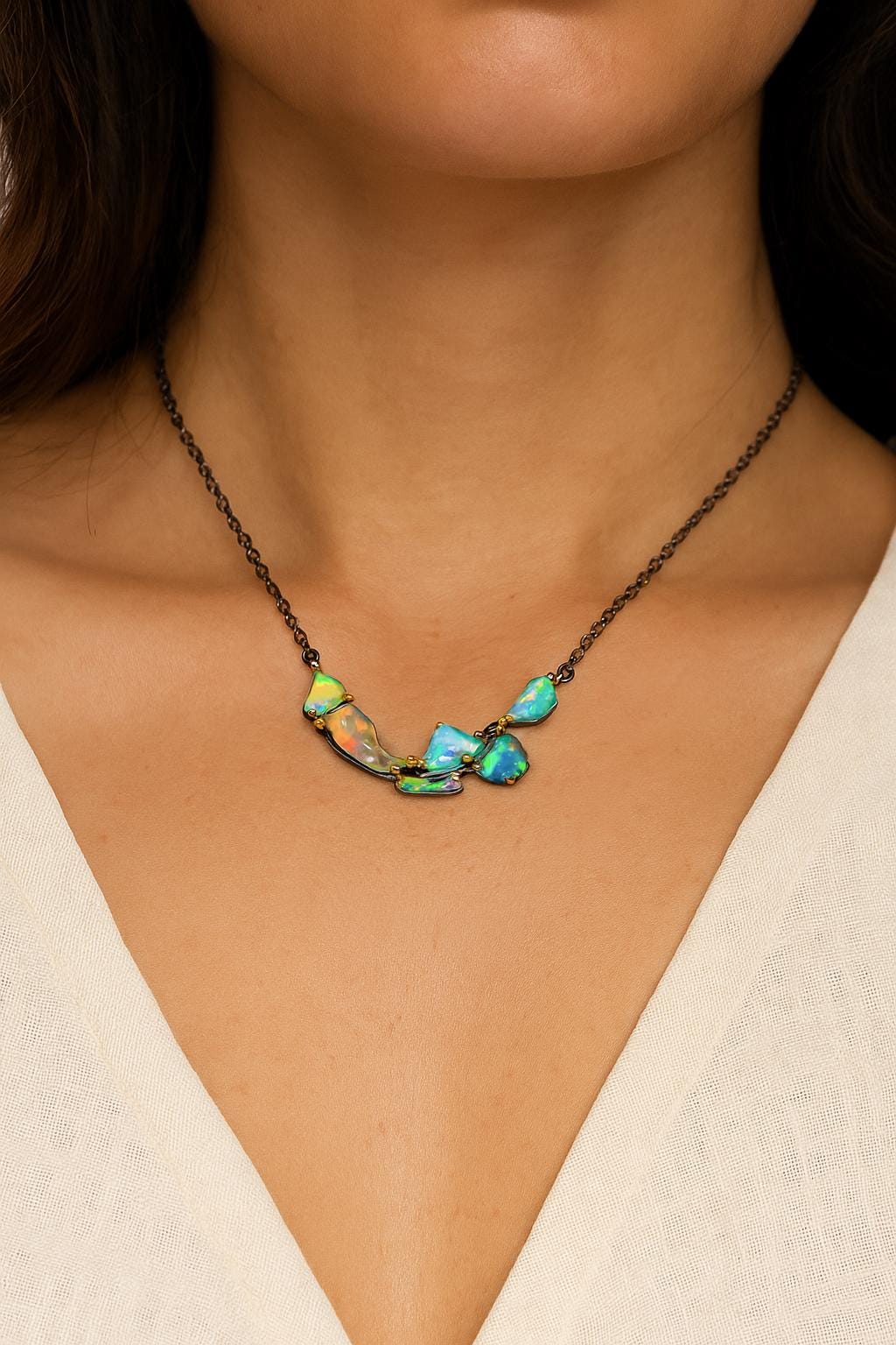 925 Sterling Silver Fire Opal Necklace, alternate angle