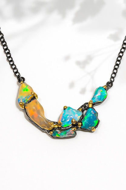 925 Sterling Silver Fire Opal Necklace, close-up detail
