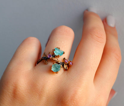 925 Sterling Silver Paraiba Apatite Ring, worn look