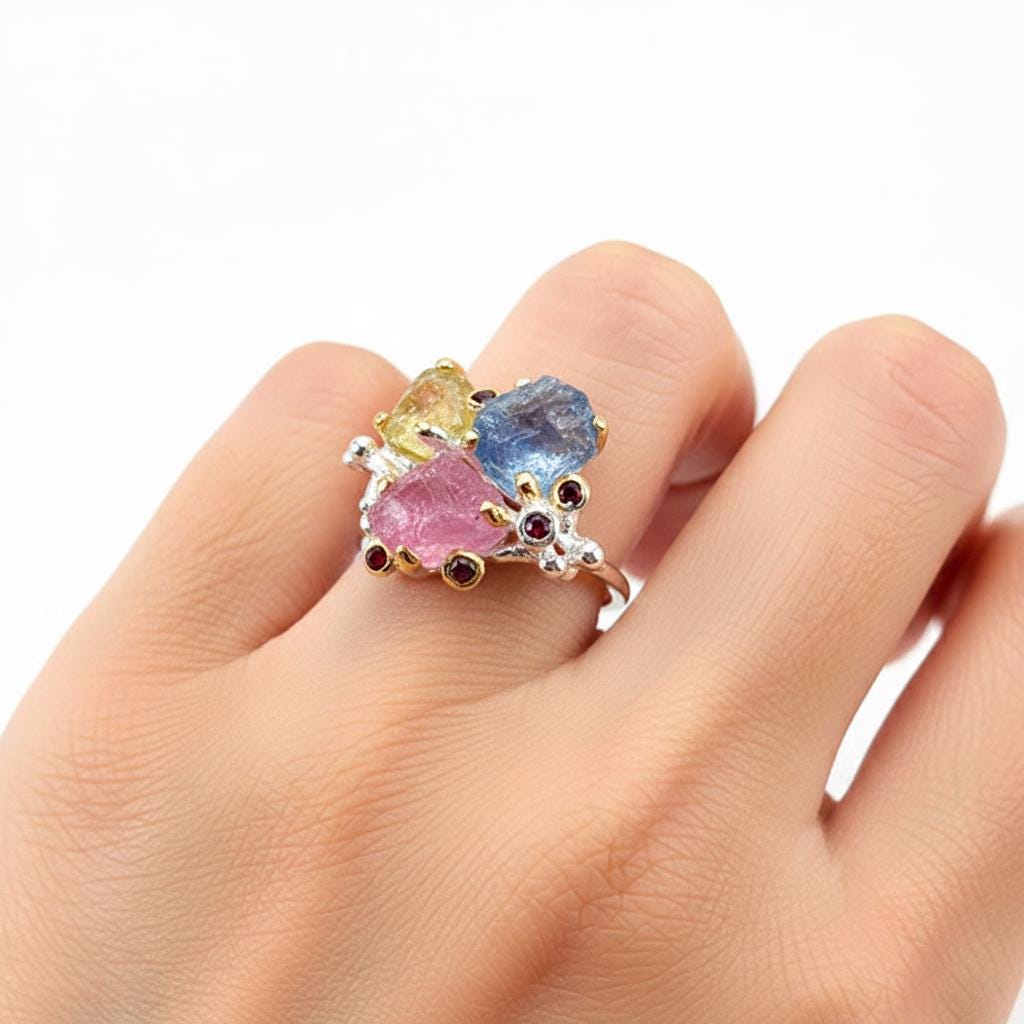 925 Sterling Silver Sapphire Ruby Peridot Ring, worn on hand
