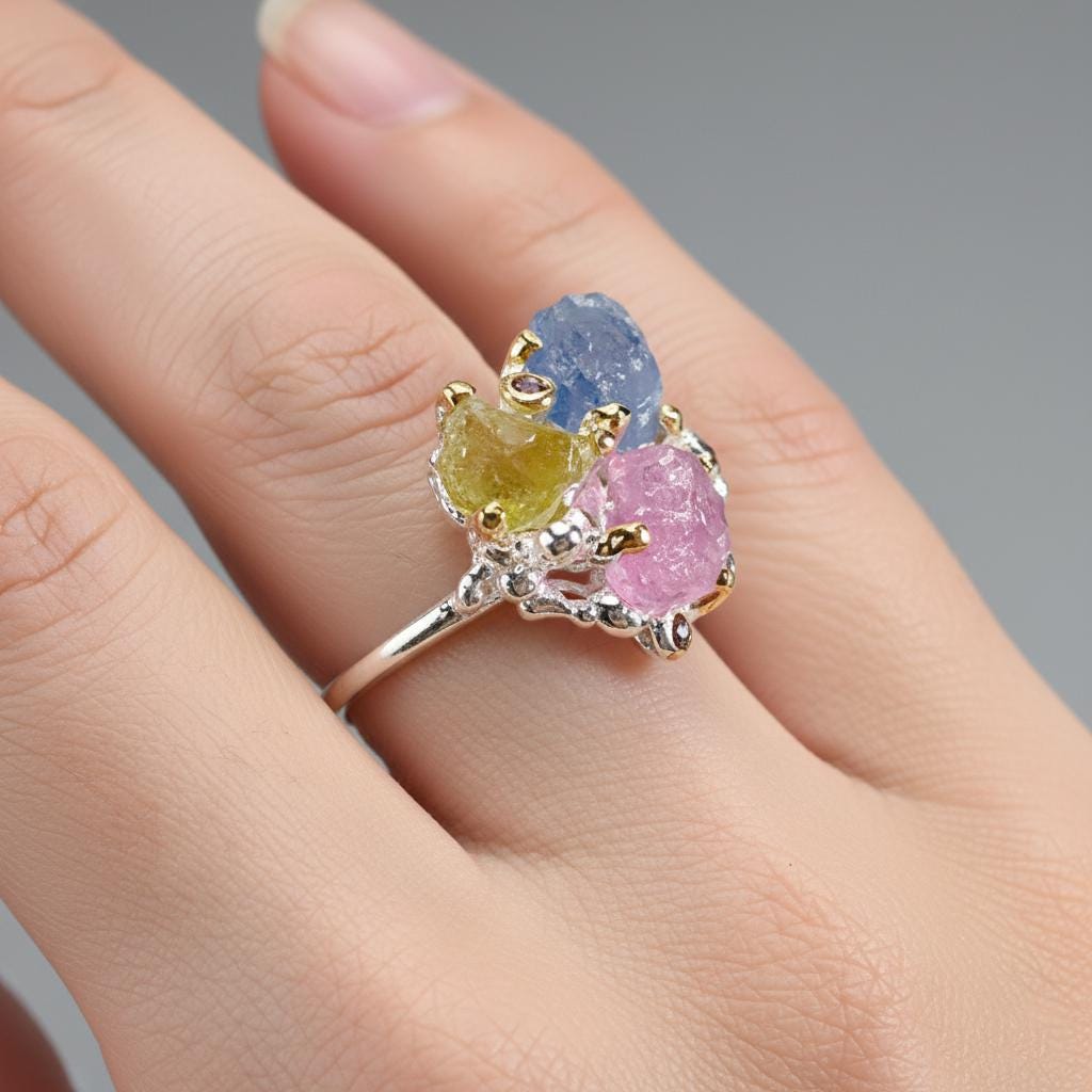 925 Sterling Silver Sapphire Ruby Peridot Ring, setting detail