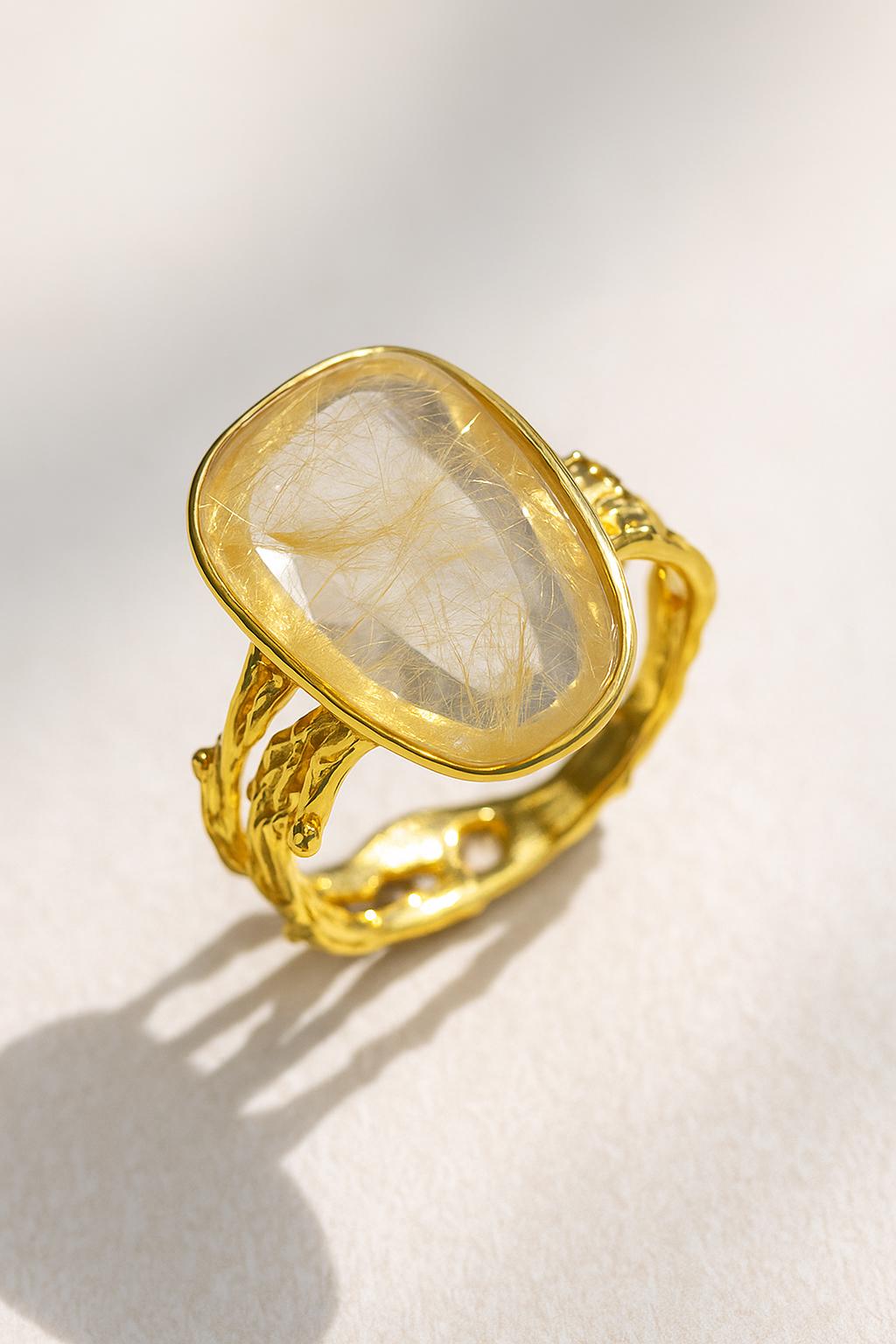 925 Sterling Silver Rutilated Quartz Ring, setting detail
