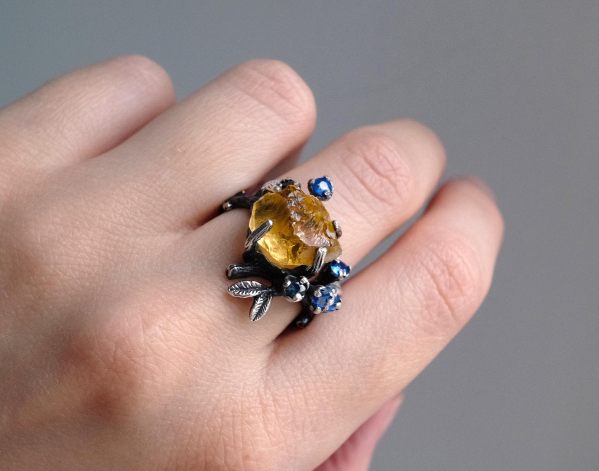 925 Sterling Silver Yellow Citrine Ring, close-up detail