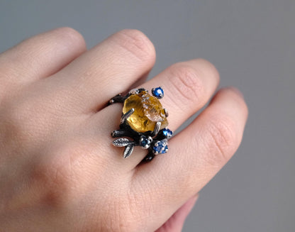 925 Sterling Silver Yellow Citrine Ring, close-up detail