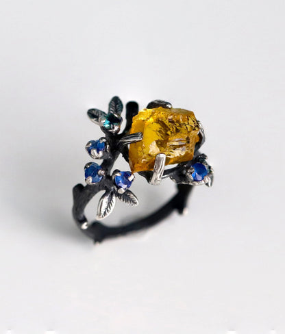 925 Sterling Silver Yellow Citrine Ring, worn on hand