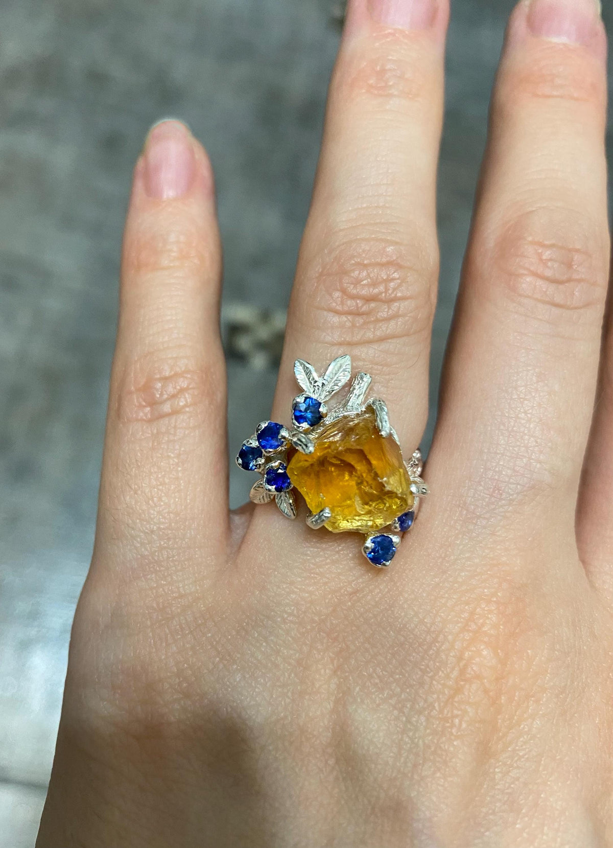 925 Sterling Silver Yellow Citrine Ring, setting detail