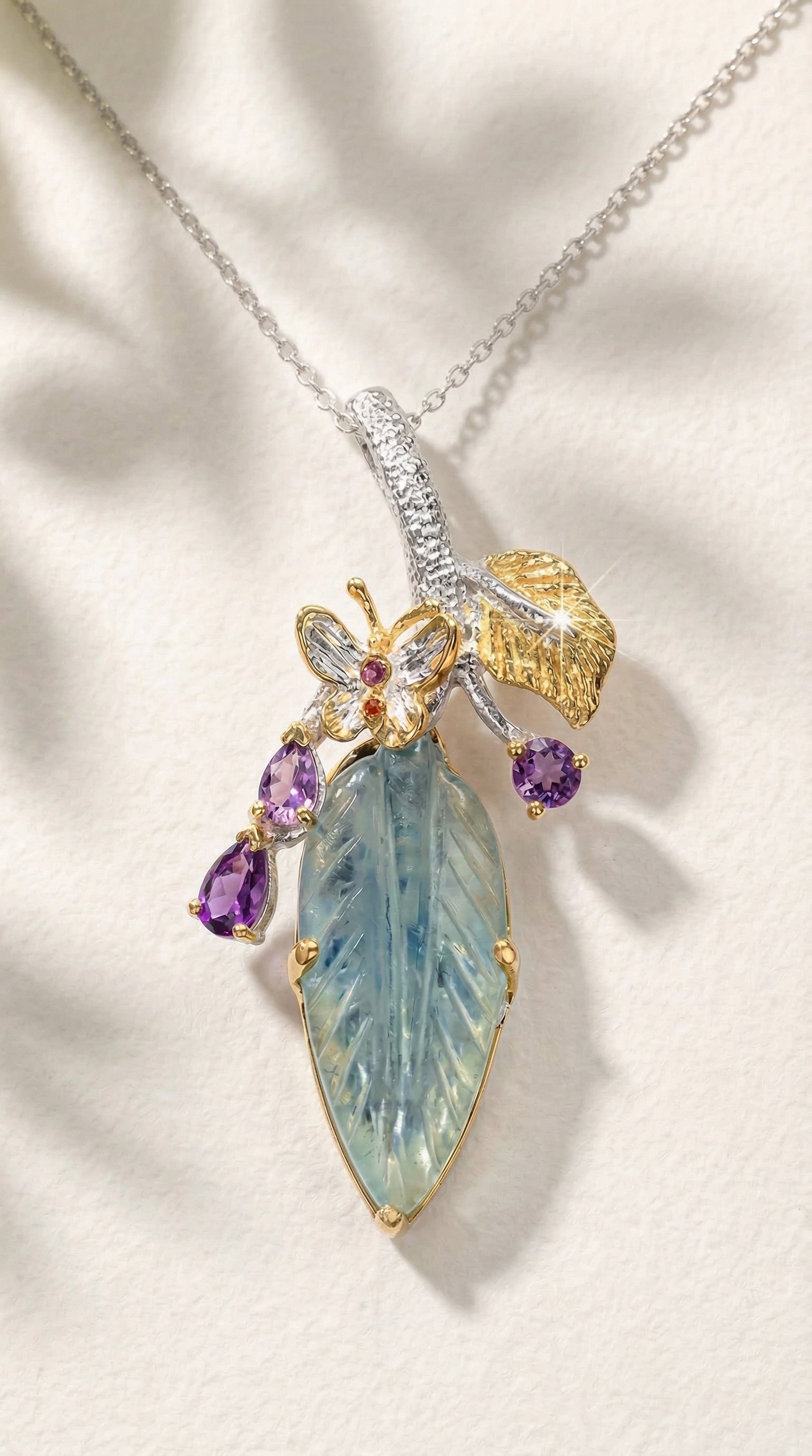 925 silver aquamarine carved leaf necklace, chain detail