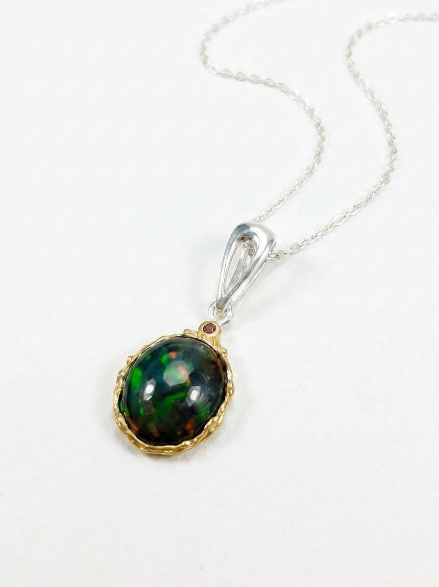 925 silver oval black opal necklace