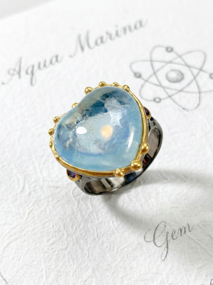925 Sterling Silver Blue Heart Aquamarine Ring, worn on hand