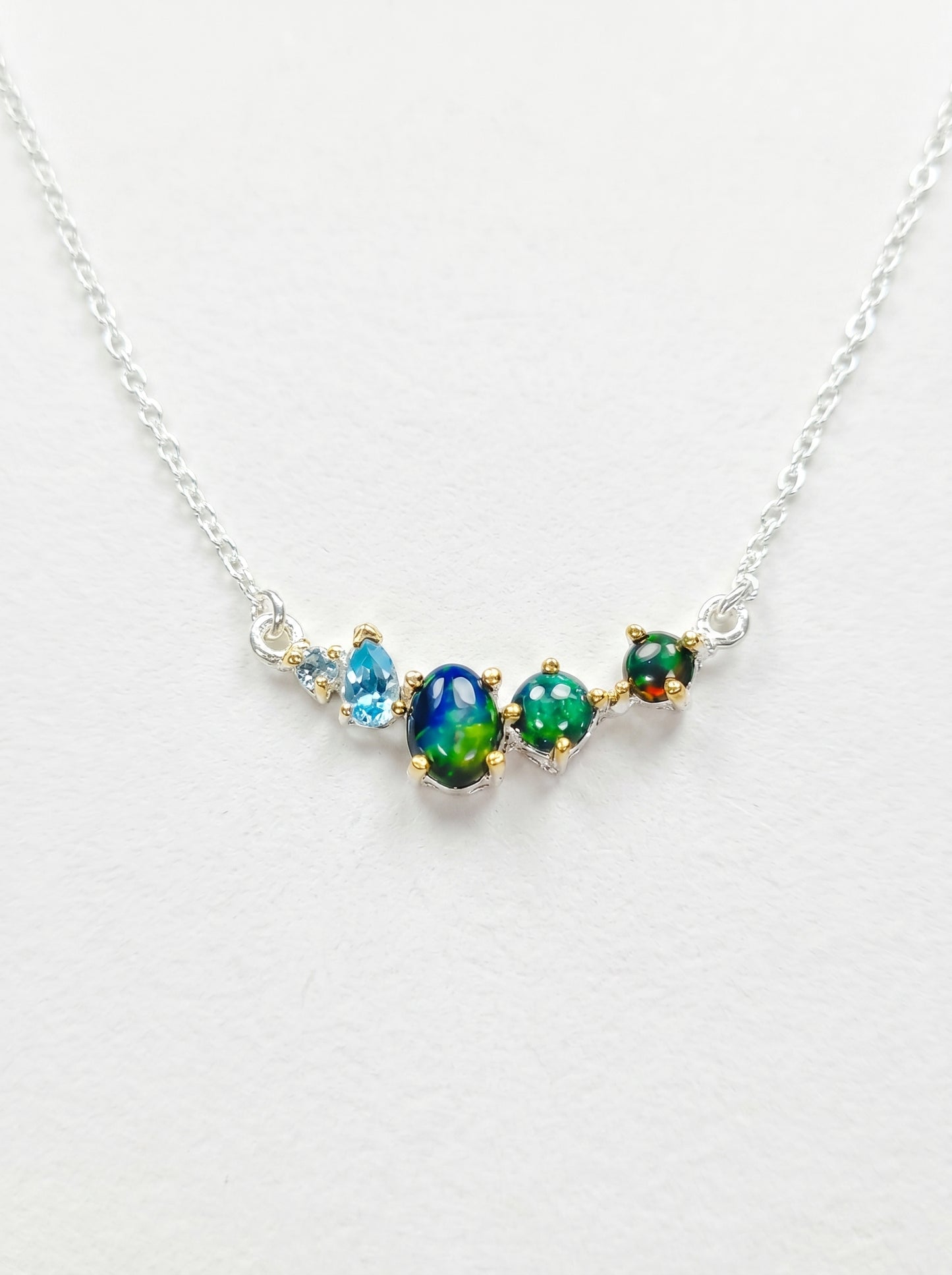 925 sterling silver cluster black opal necklace, additional angle