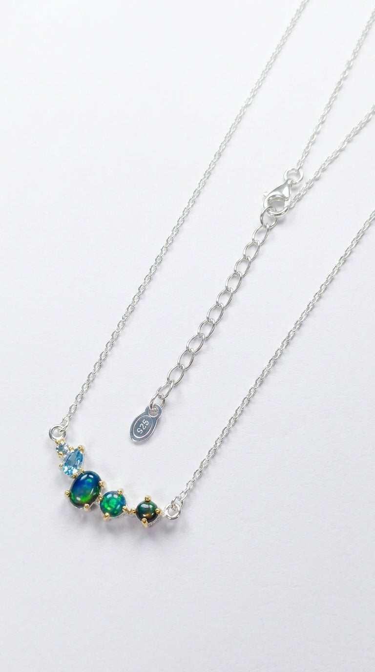 925 sterling silver cluster black opal necklace, close-up detail