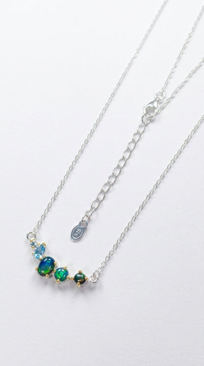 925 sterling silver cluster black opal necklace, close-up detail