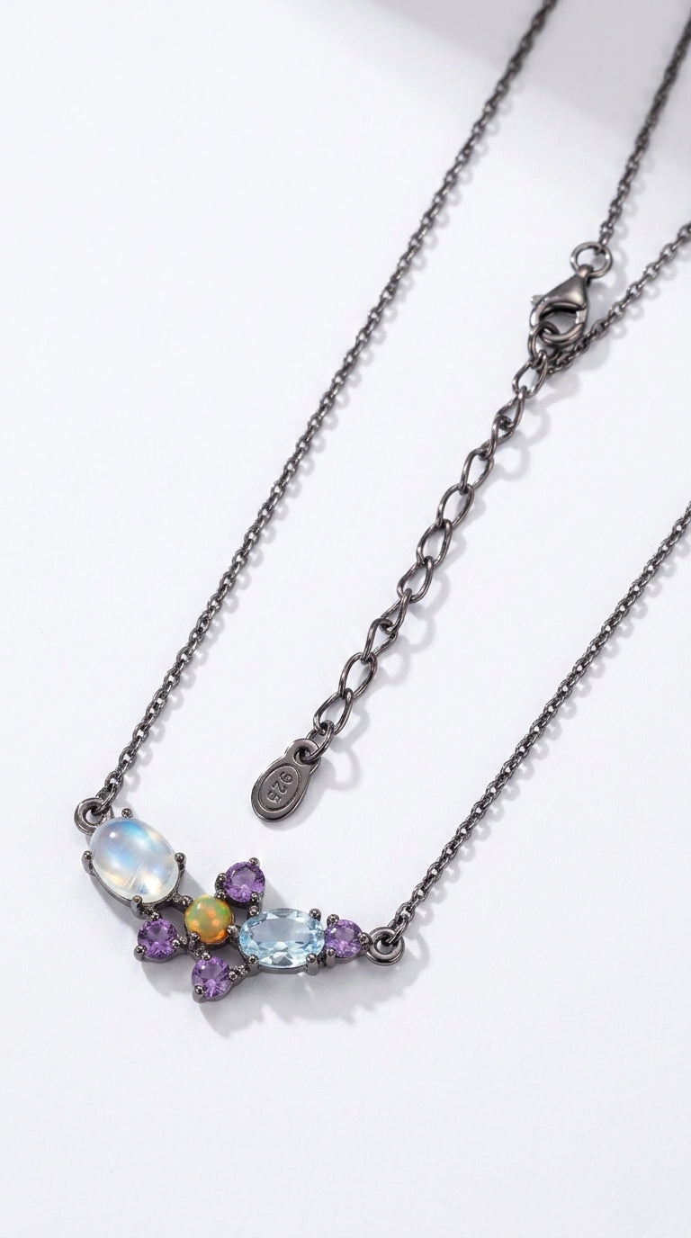 925 sterling silver cluster moonstone necklace, close-up detail