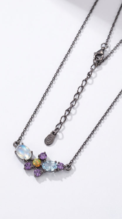 925 sterling silver cluster moonstone necklace, close-up detail