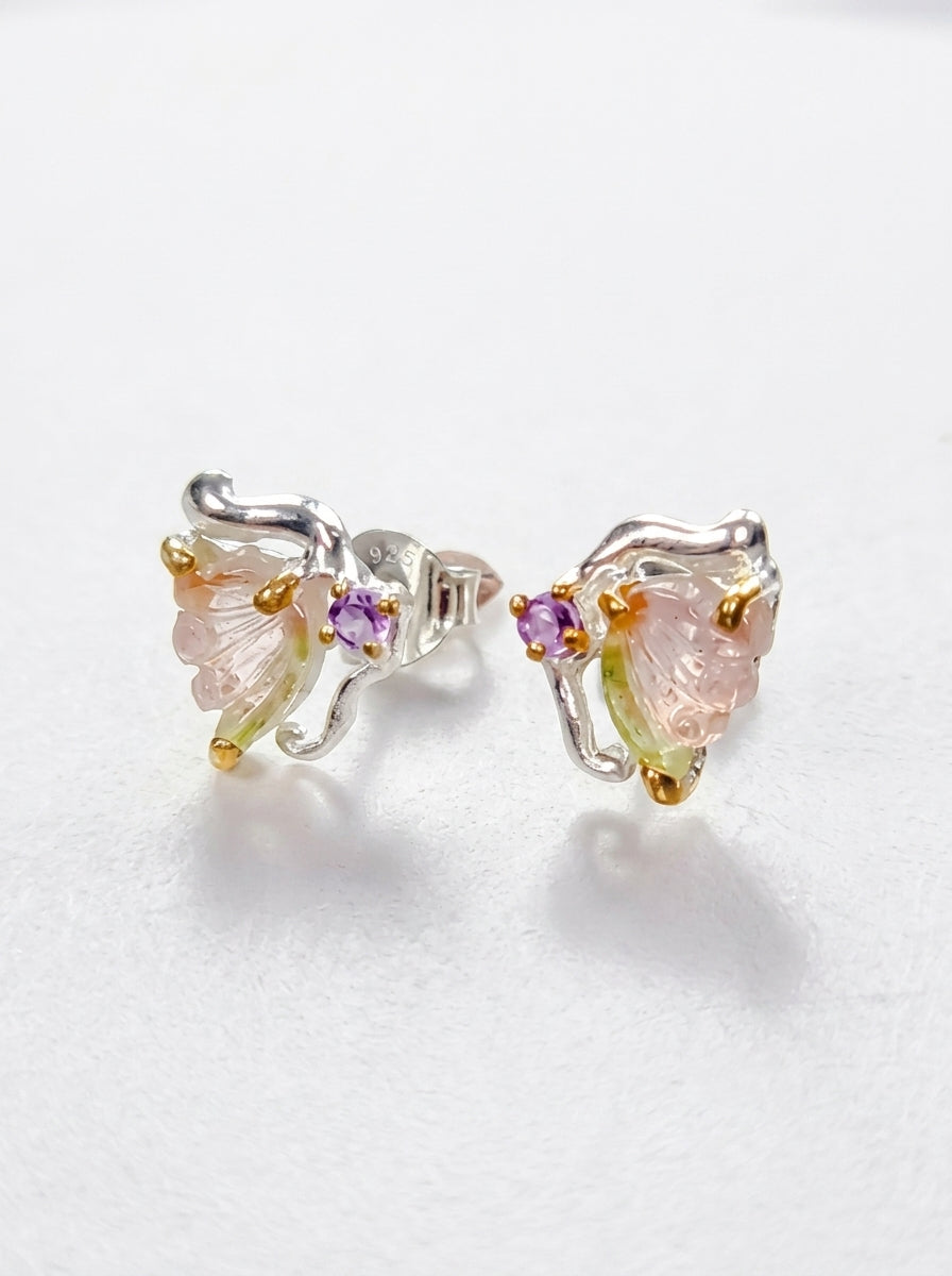 925 Silver Watermelon Tourmaline Butterfly Stud Earrings