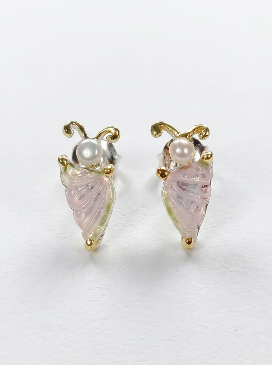 925 Silver Tourmaline Pearl Butterfly Stud Earrings