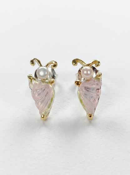 925 Silver Tourmaline Pearl Butterfly Stud Earrings