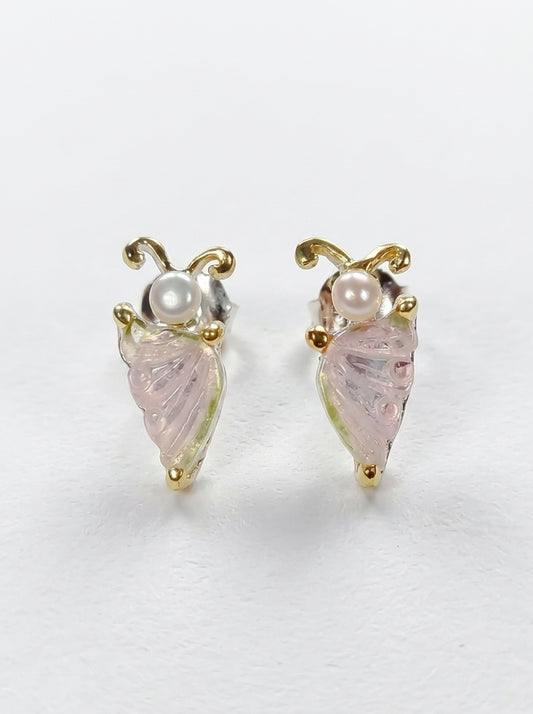 925 Silver Tourmaline Pearl Butterfly Stud Earrings