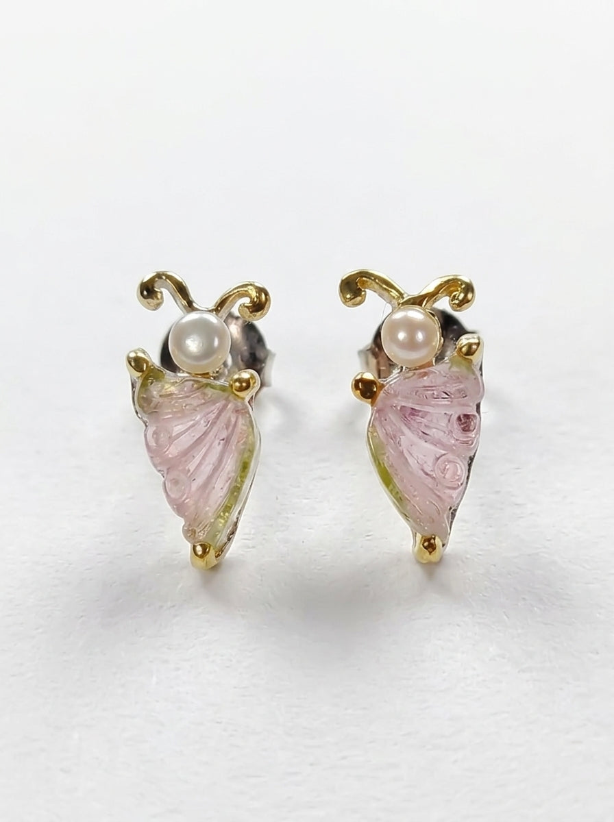 925 Silver Tourmaline Pearl Butterfly Stud Earrings