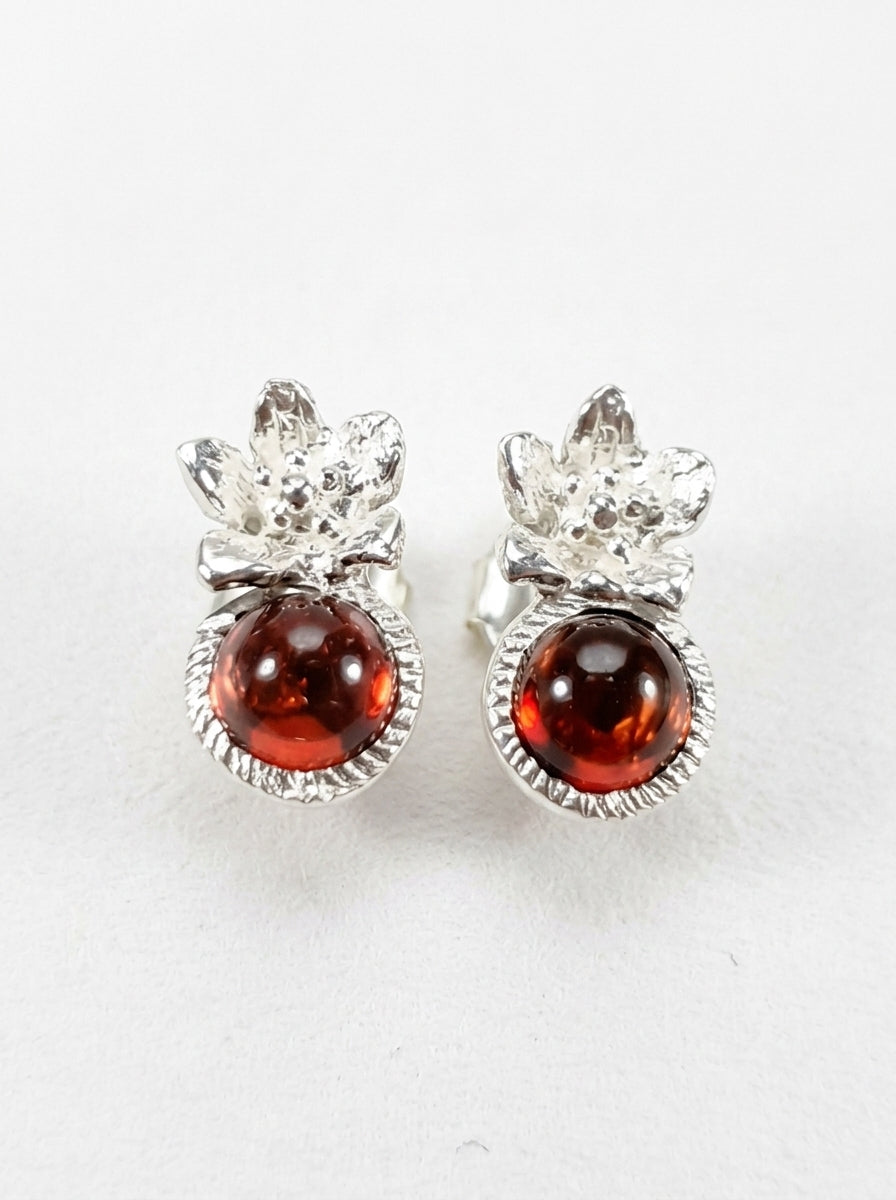 925 Silver Red Garnet Flower Earrings