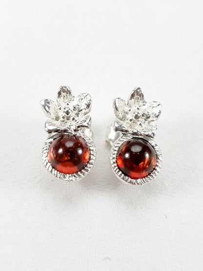 925 Silver Red Garnet Flower Earrings