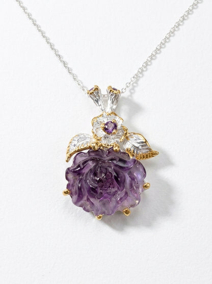 925 silver carved amethyst flower necklace