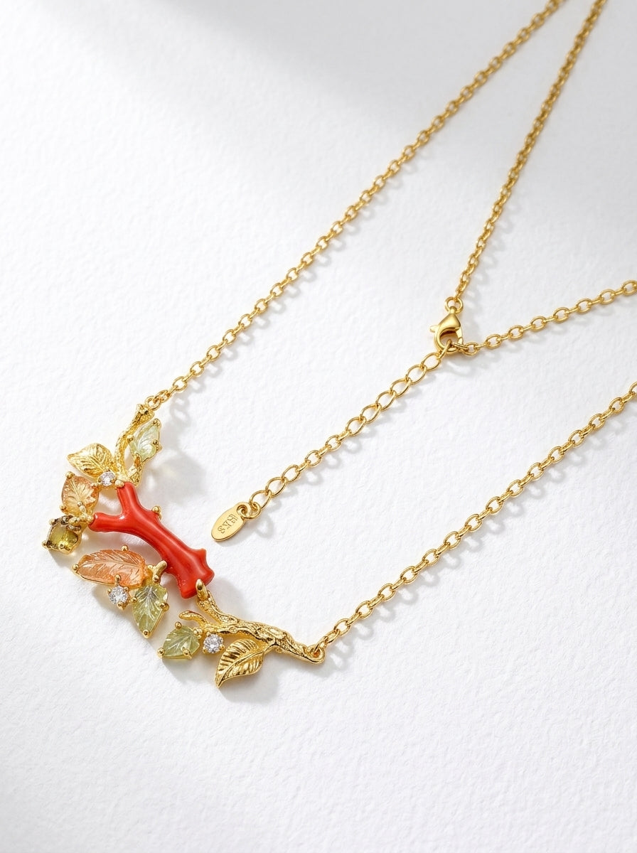 925 silver red coral statement necklace