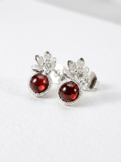925 Silver Red Garnet Flower Earrings