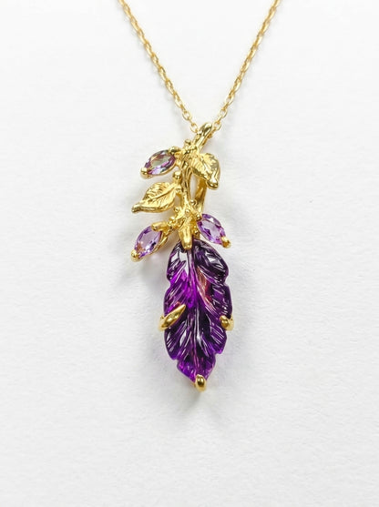 925 silver carved amethyst leaf necklace