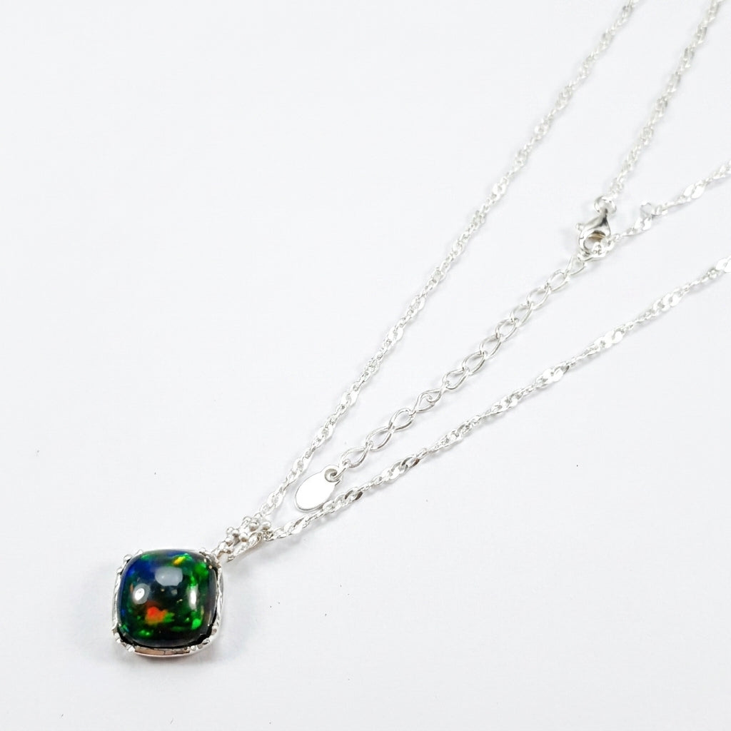 925 silver square black opal necklace