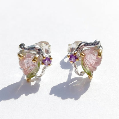 925 Silver Watermelon Tourmaline Butterfly Stud Earrings