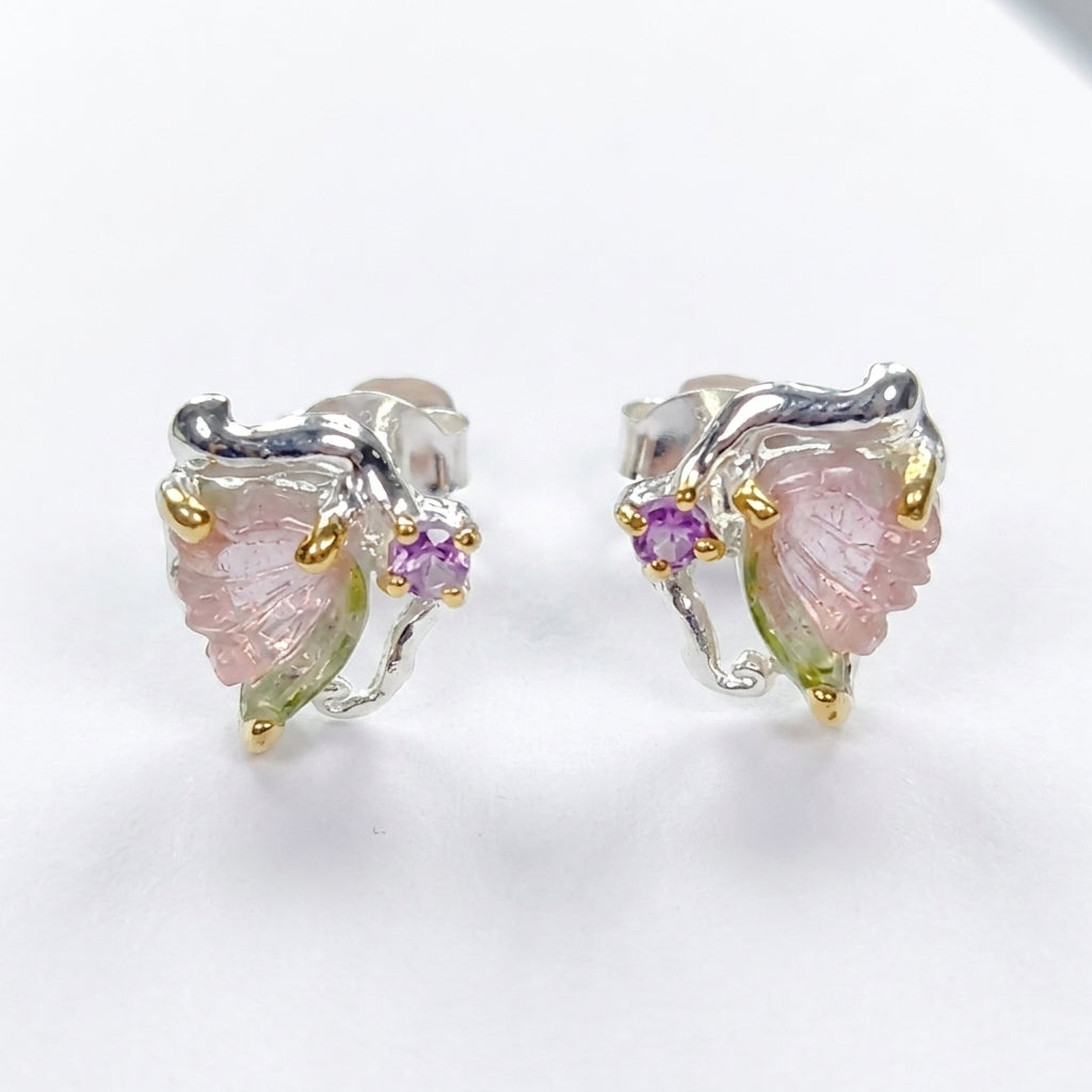 925 Silver Watermelon Tourmaline Butterfly Stud Earrings