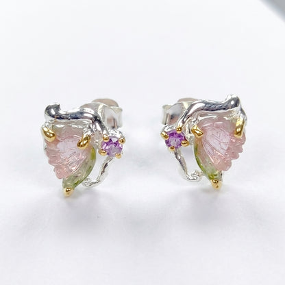 925 Silver Watermelon Tourmaline Butterfly Stud Earrings