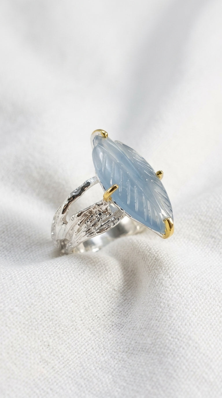 925 silver carved leaf aquamarine ring