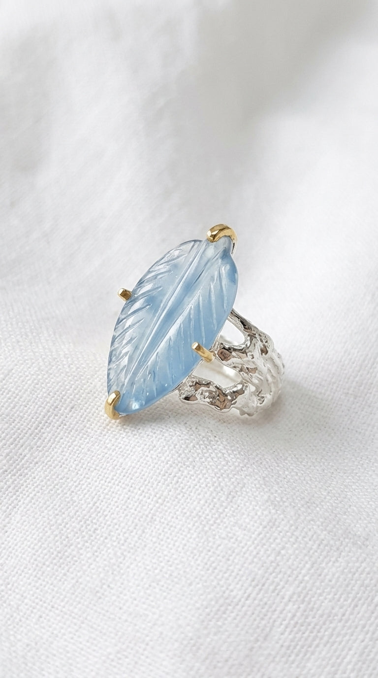 925 silver carved leaf aquamarine ring