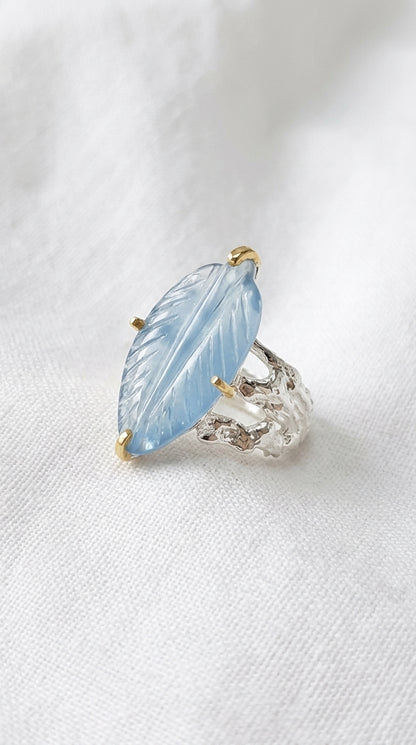 925 silver carved leaf aquamarine ring