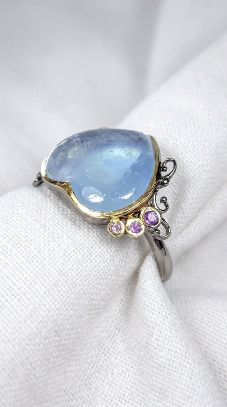 925 Sterling Silver Blue Aquamarine Ring, side view