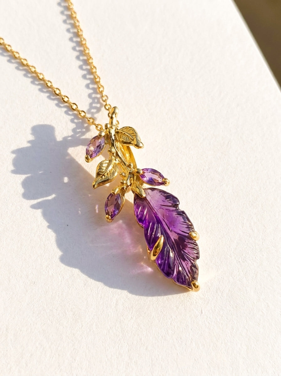 925 silver carved amethyst leaf necklace