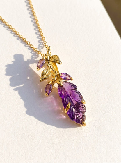 925 silver carved amethyst leaf necklace