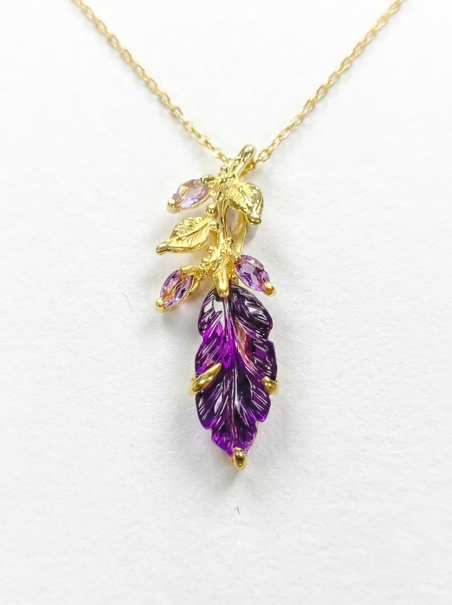 925 silver carved amethyst leaf necklace
