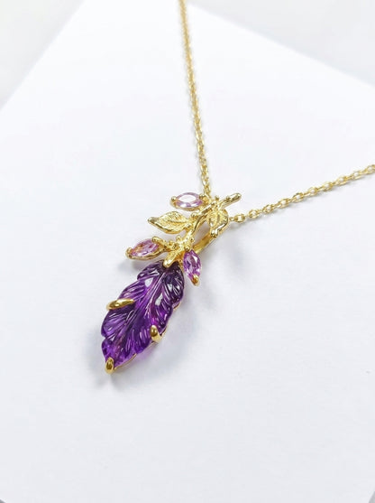 925 silver carved amethyst leaf necklace