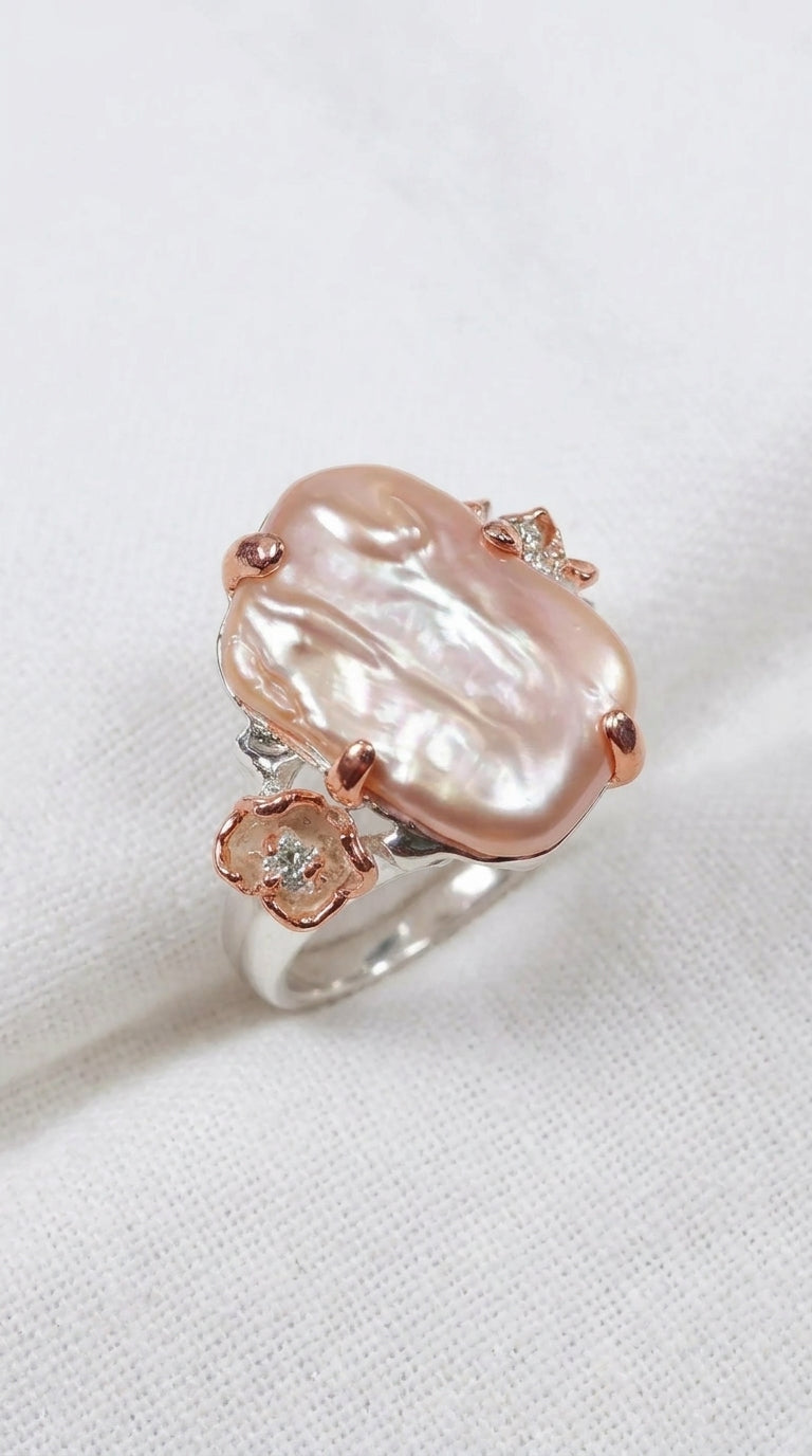 925 Sterling Silver Baroque Pearl Flower Ring