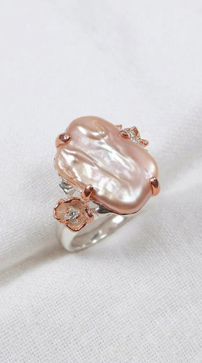 925 Sterling Silver Baroque Pearl Flower Ring