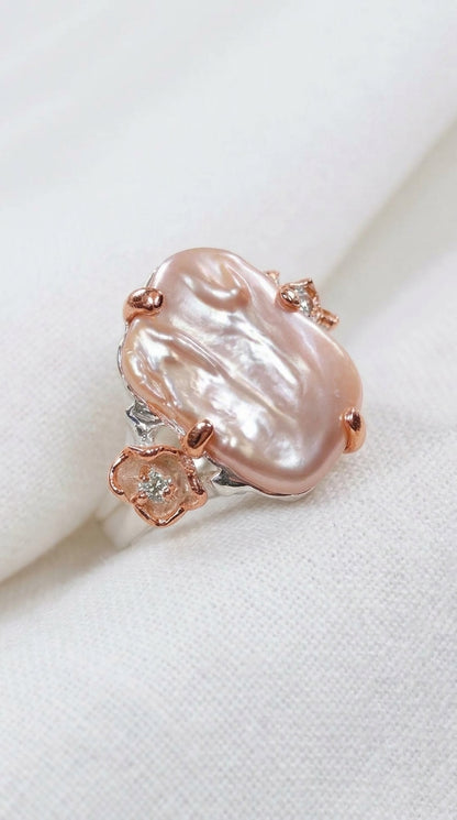925 Sterling Silver Baroque Pearl Flower Ring